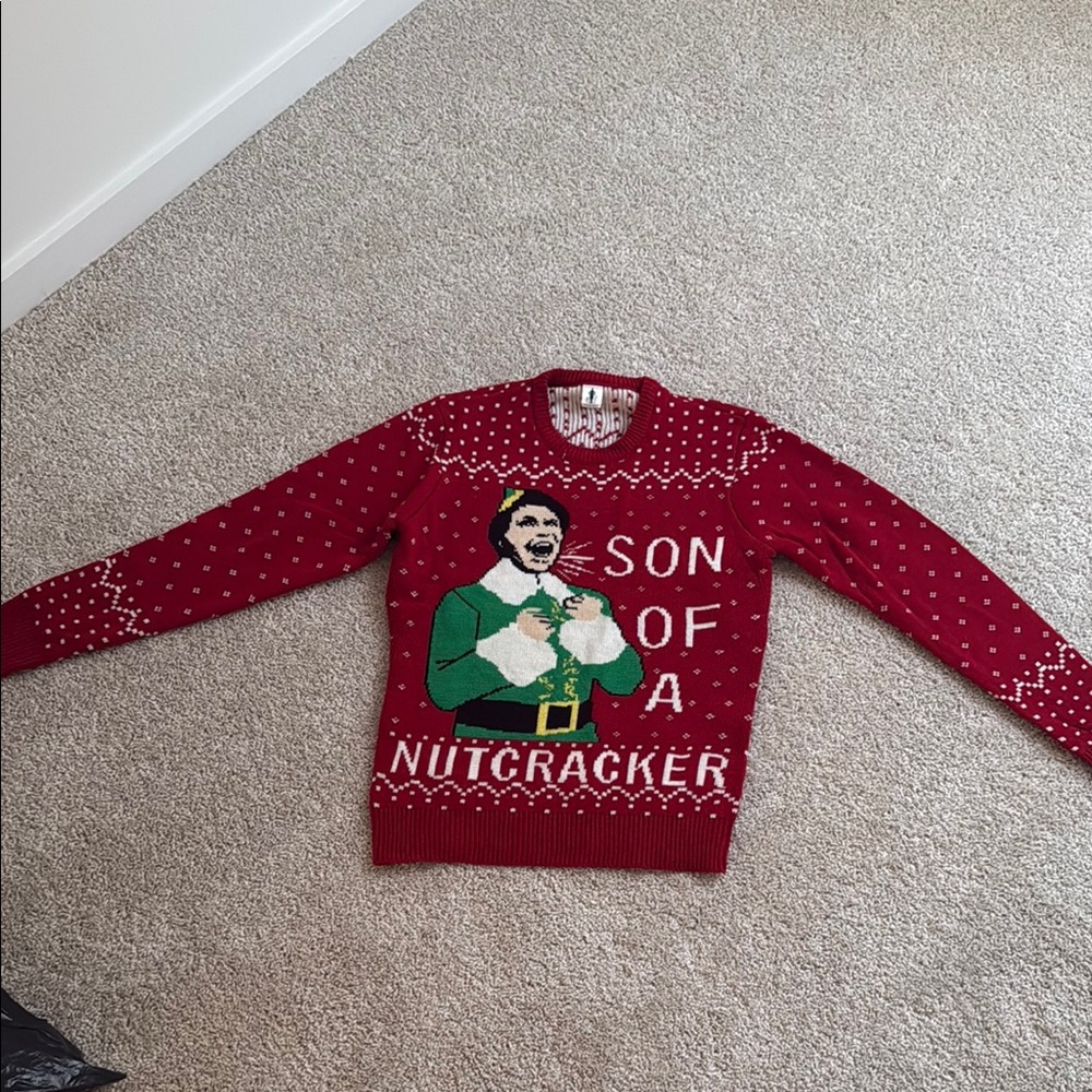 Festive Red Crewneck Sweater with Graphic Design